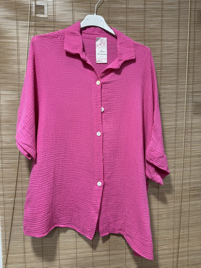 Chemise gaze de coton manches courtes fuchsia