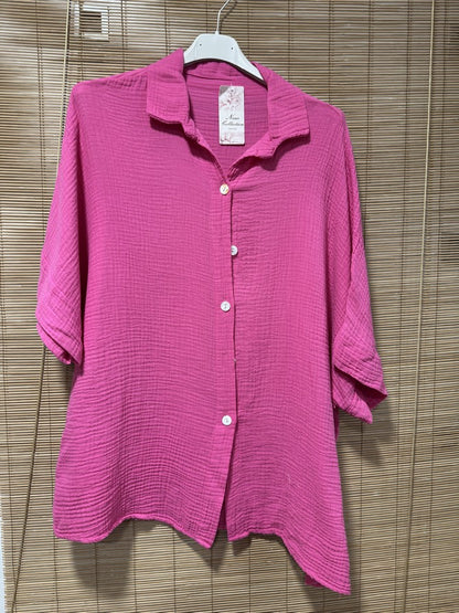 Chemise gaze de coton manches courtes fuchsia