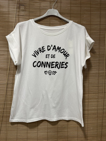 T-shirt Blanc Vivre d'Amour et de Conneries