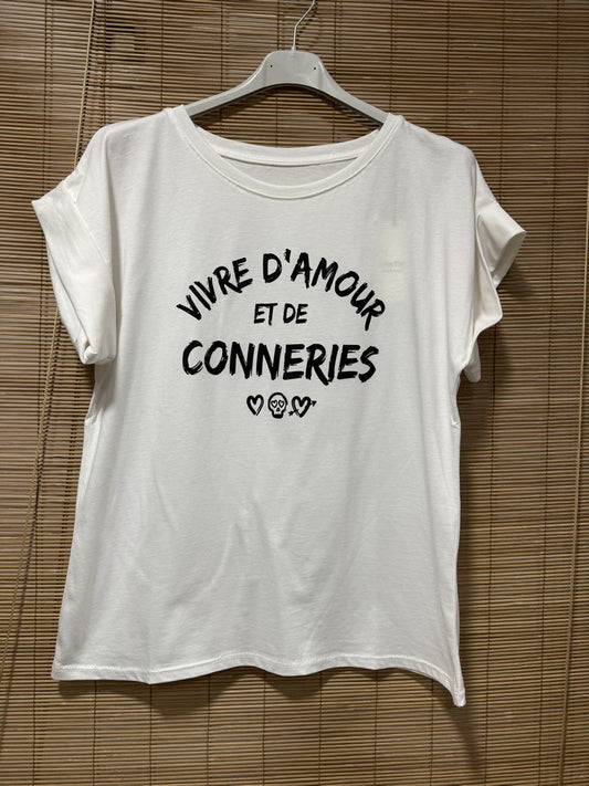 T-shirt Blanc Vivre d'Amour et de Conneries