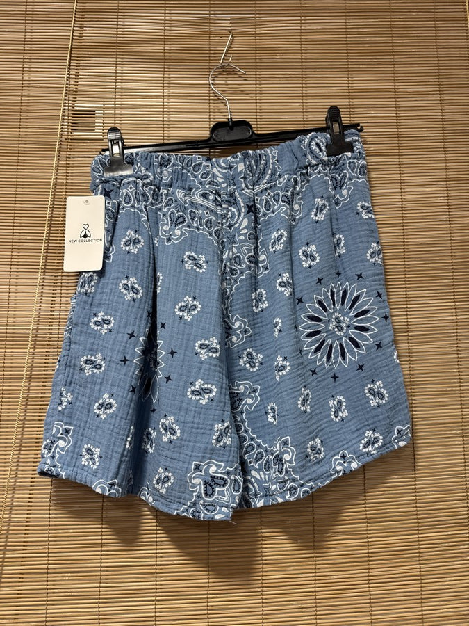 Short en gaze de coton bandana bleu jean