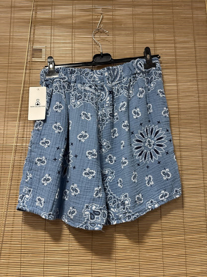 Short en gaze de coton bandana bleu jean