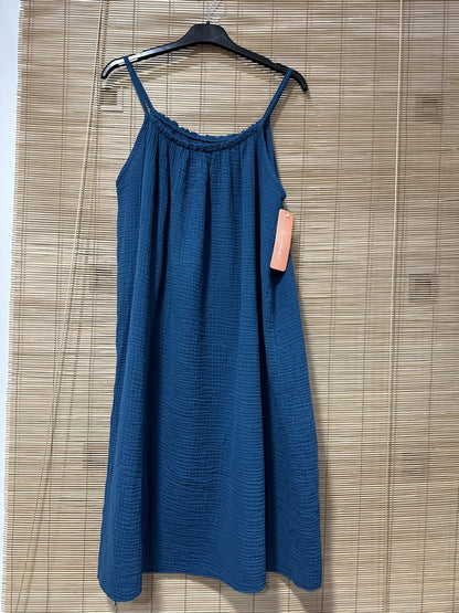 Robe à bretelles gaze de coton bleu canard