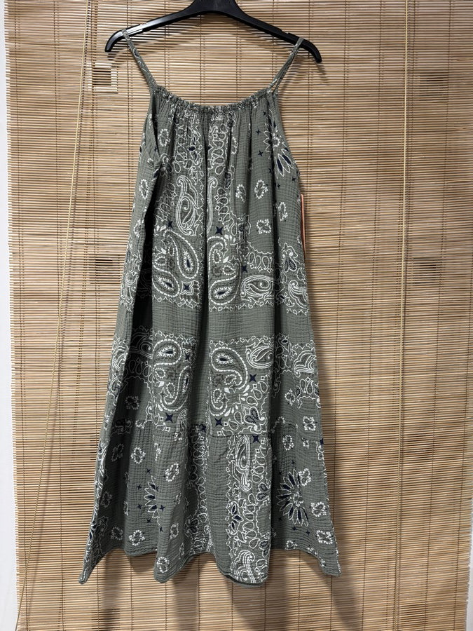 Robe à bretelles gaze de coton bandana kaki