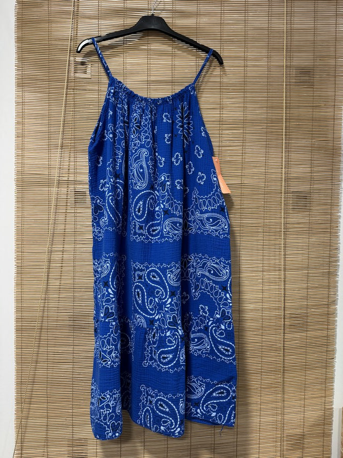 Robe à bretelles gaze de coton bandana bleu roi