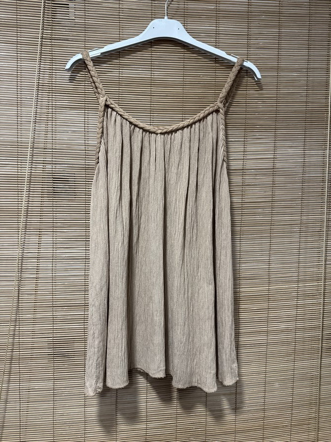 Débardeur fluide lurex bretelles tressées camel