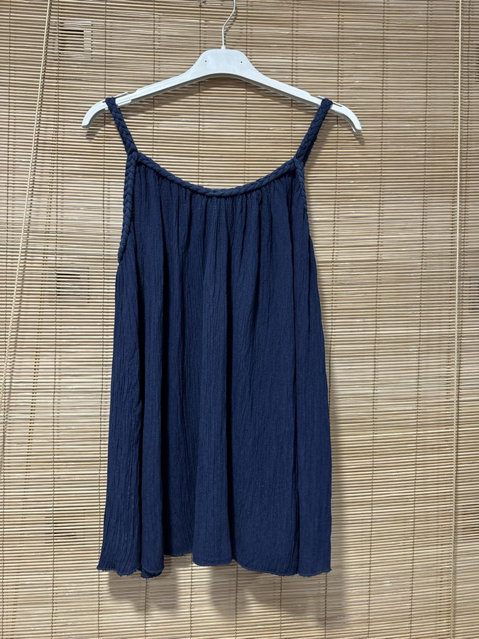 Débardeur fluide lurex bretelles tressées bleu marine