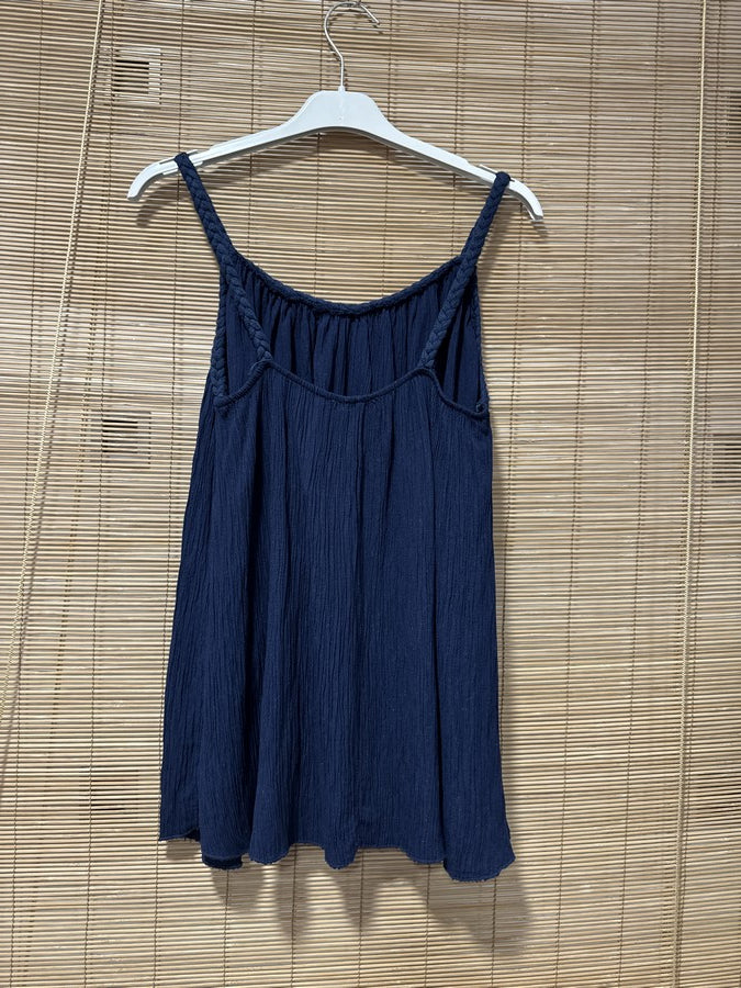 Débardeur fluide lurex bretelles tressées bleu marine