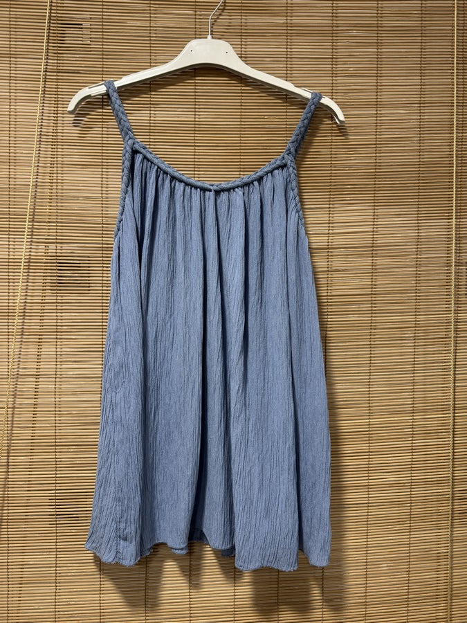 Débardeur fluide lurex bretelles tressées bleu jean