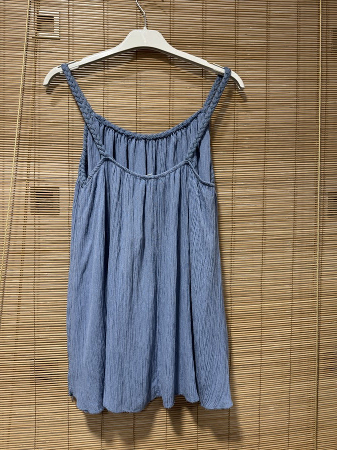 Débardeur fluide lurex bretelles tressées bleu jean