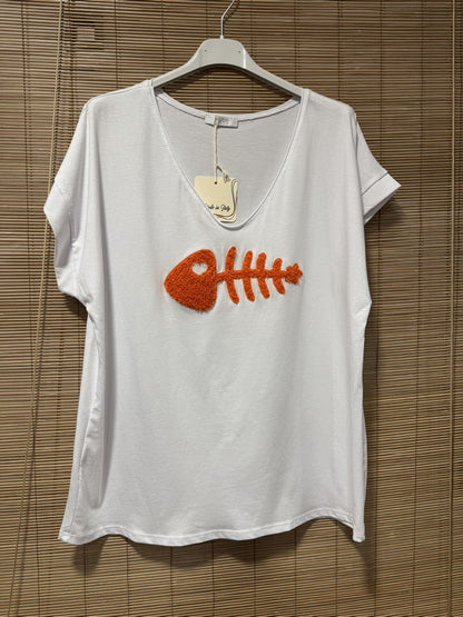 T-shirt blanc POISSON orange
