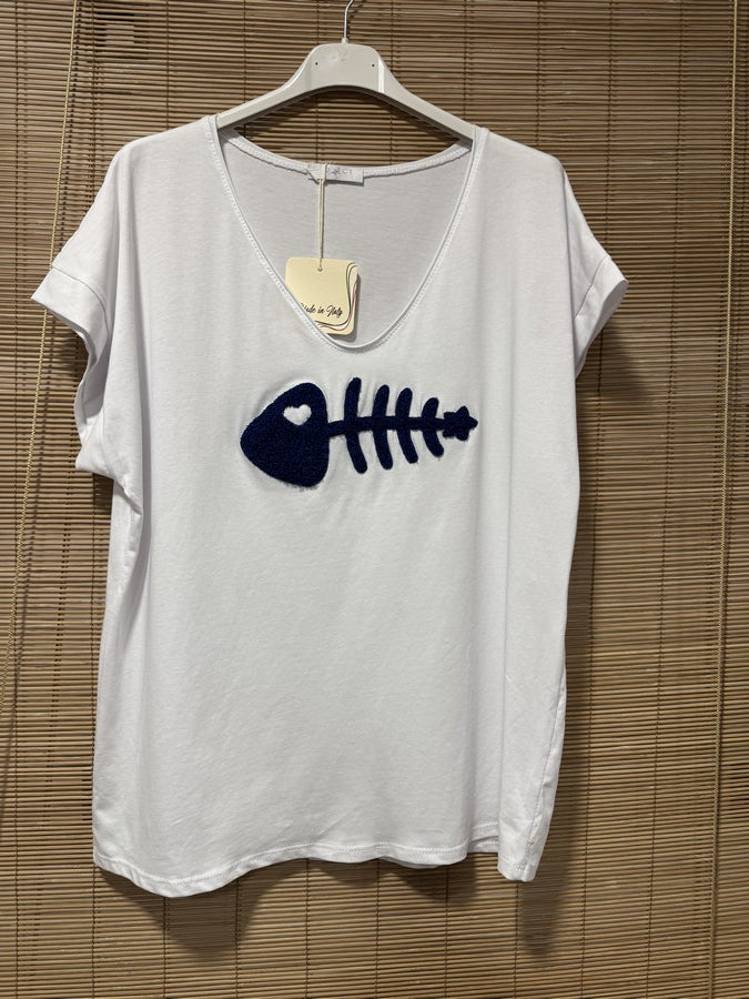 T-shirt blanc POISSON bleu roi