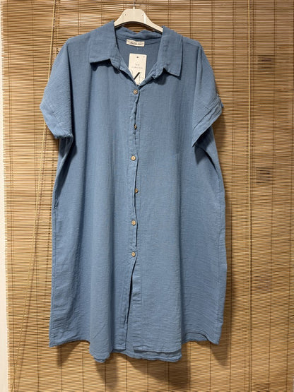 Robe chemise coton manches courtes bleu jean