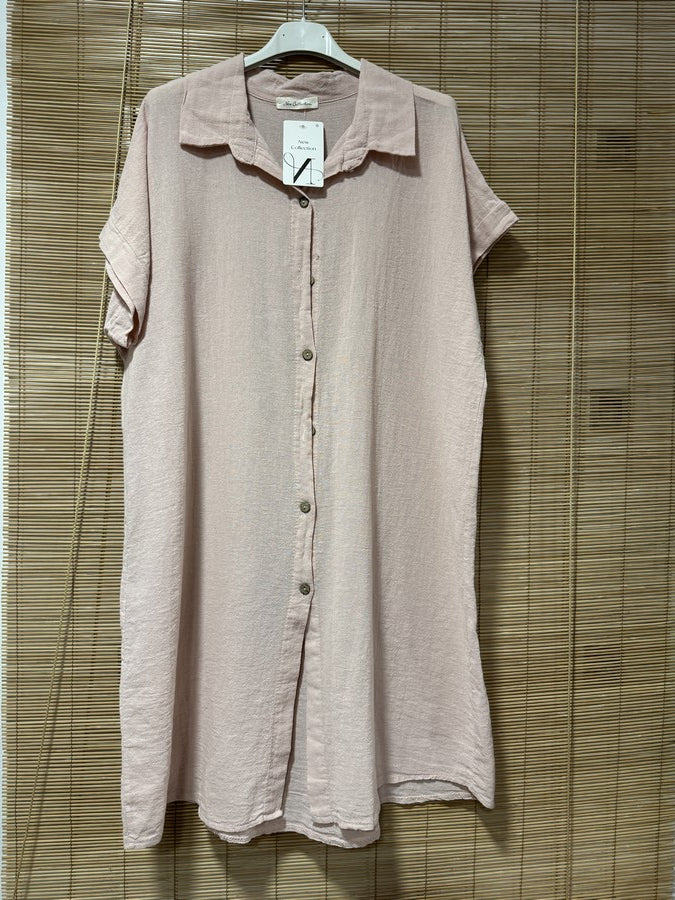 Robe chemise coton manches courtes rose