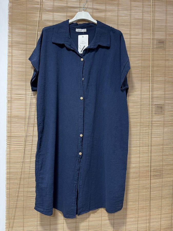 Robe chemise coton manches courtes bleu marine
