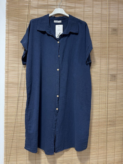 Robe chemise coton manches courtes bleu marine