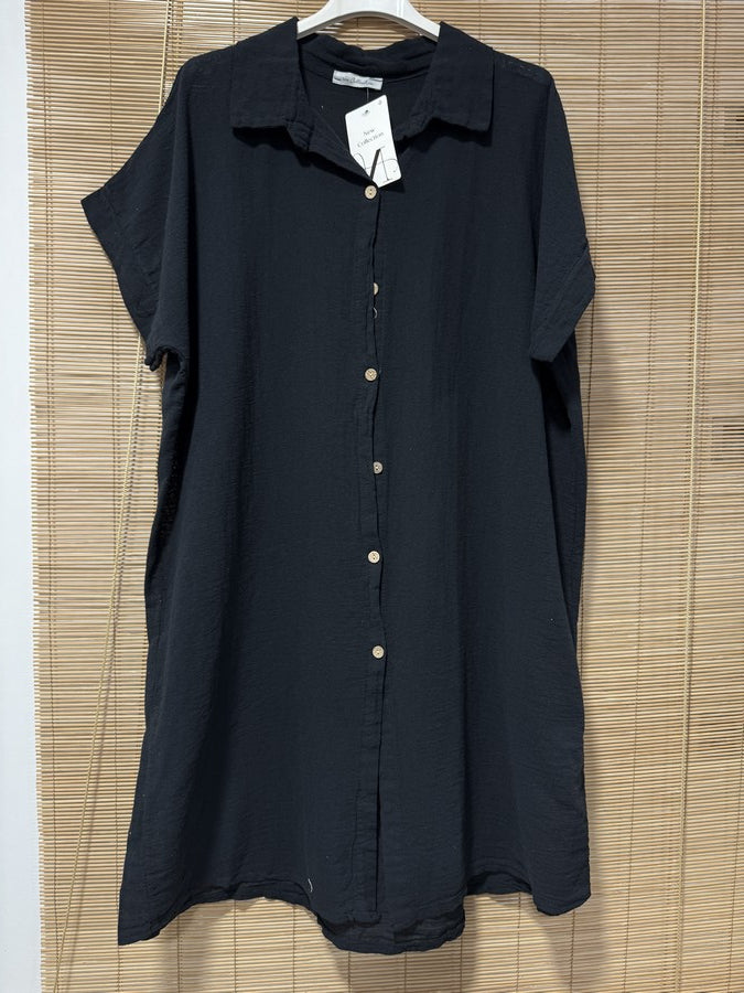 Robe chemise coton manches courtes noir