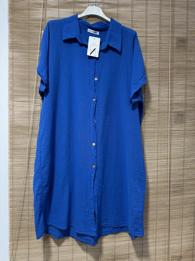 Robe chemise coton manches courtes bleu roi