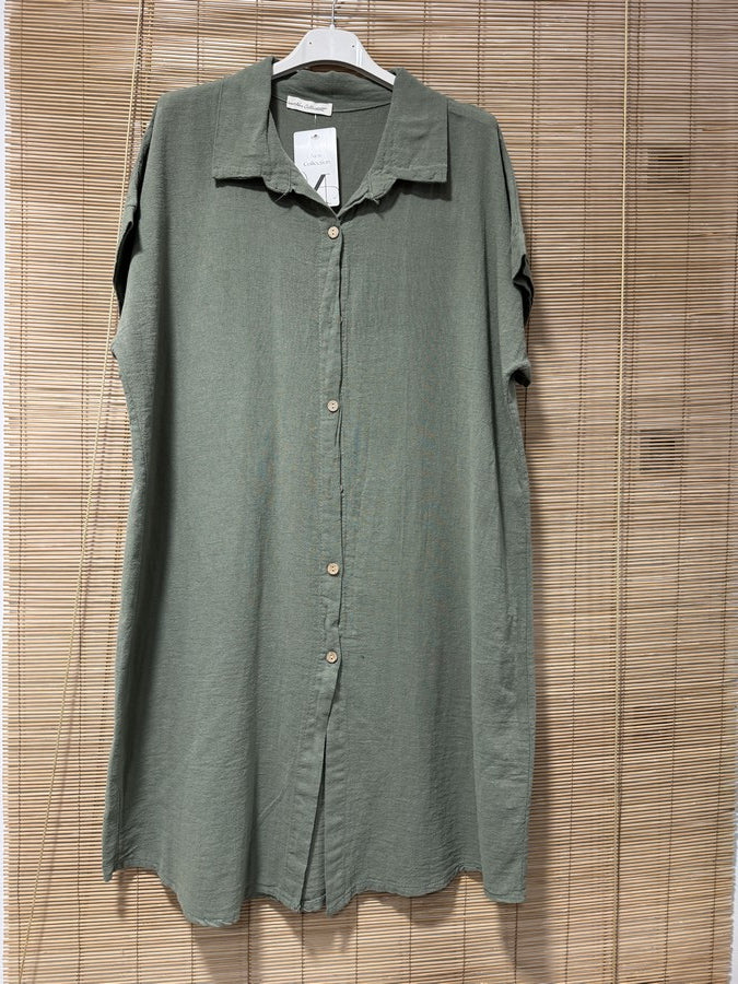Robe chemise coton manches courtes kaki