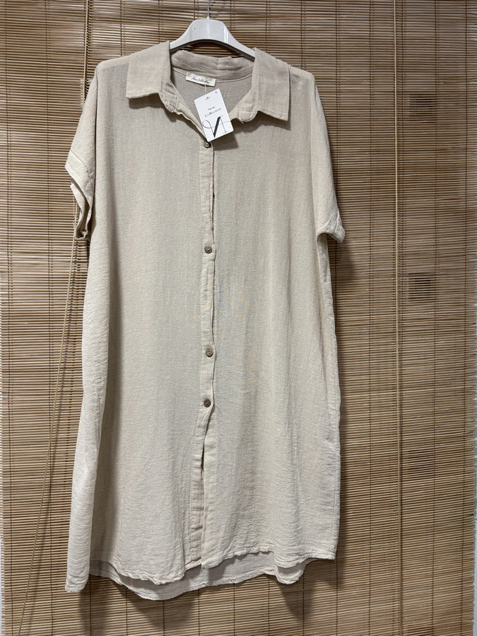 Robe chemise coton manches courtes sable