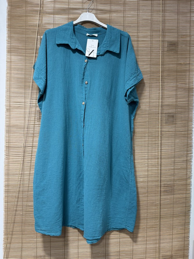 Robe chemise coton manches courtes turquoise