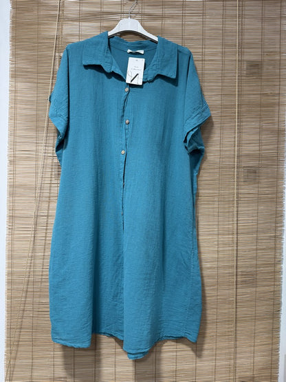 Robe chemise coton manches courtes turquoise