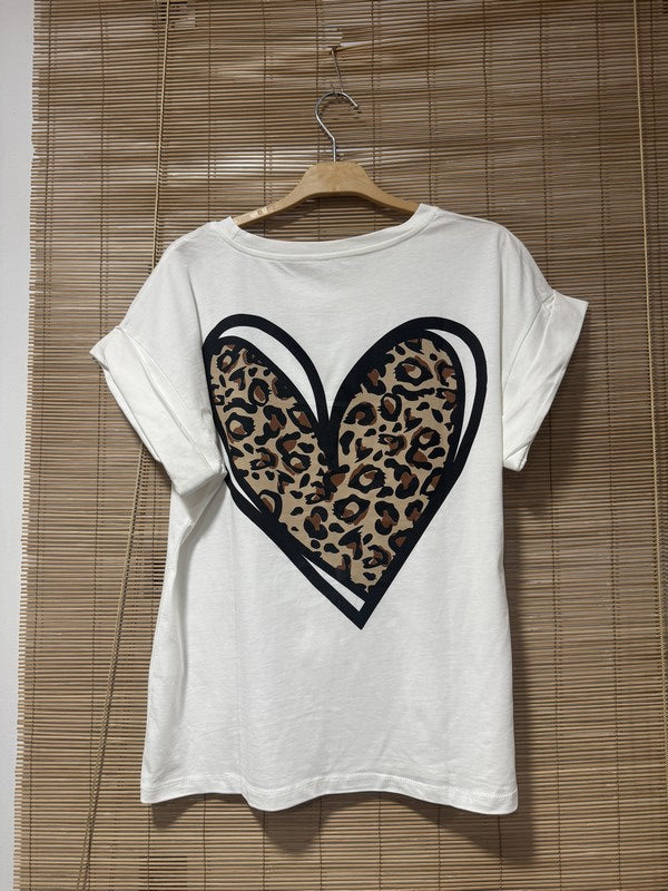 T-shirt blanc coeur léopard