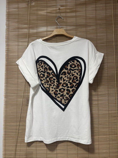 T-shirt blanc coeur léopard