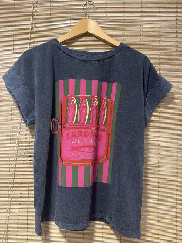 T-shirt anthracite SARDINES vert/rose