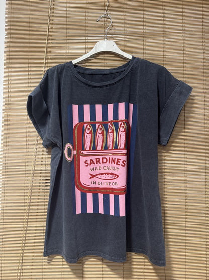 T-shirt anthracite SARDINES bleu marine/rose