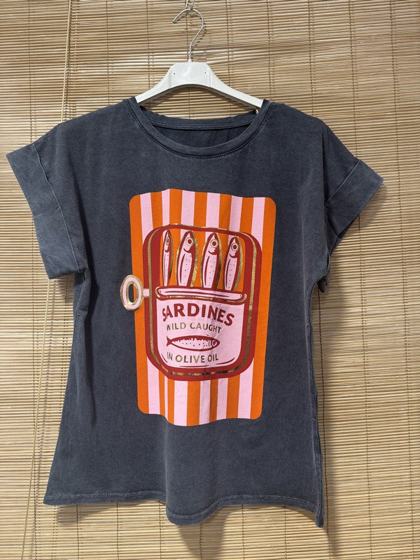 T-shirt anthracite SARDINES bleu orange/rose