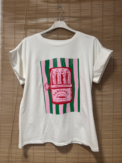 T-shirt blanc SARDINES rose/vert