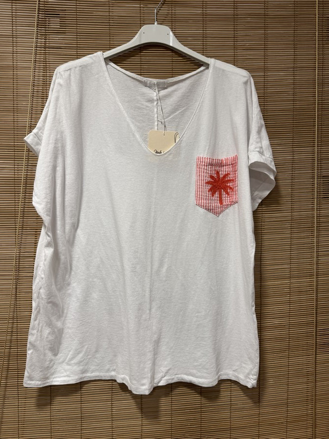 T-shirt blanc poche Palmier corail