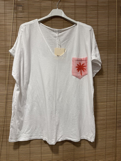 T-shirt blanc poche Palmier corail