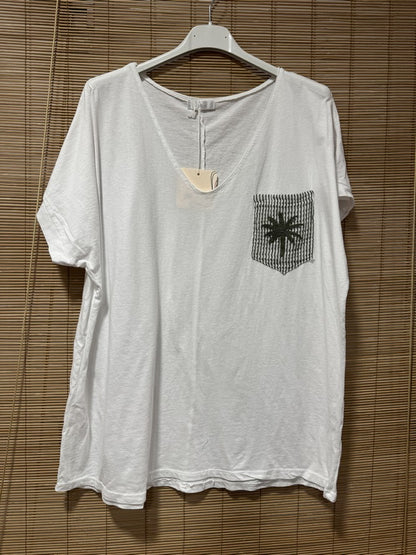 T-shirt blanc poche Palmier kaki