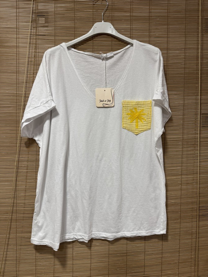 T-shirt blanc poche Palmier jaune
