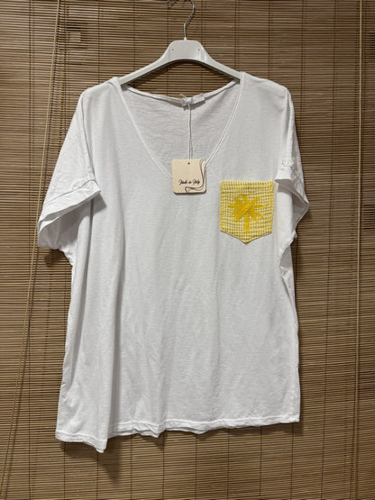 T-shirt blanc poche Palmier jaune