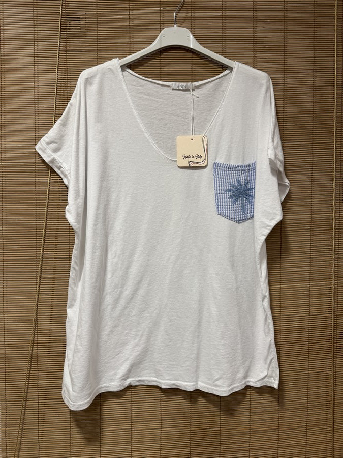 T-shirt blanc poche Palmier bleu ciel