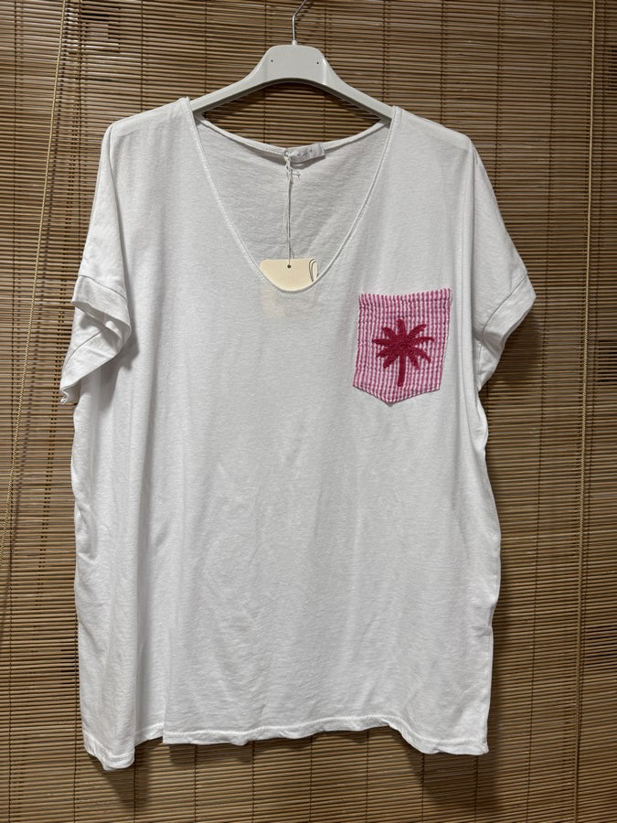 T-shirt blanc poche Palmier fuchsia