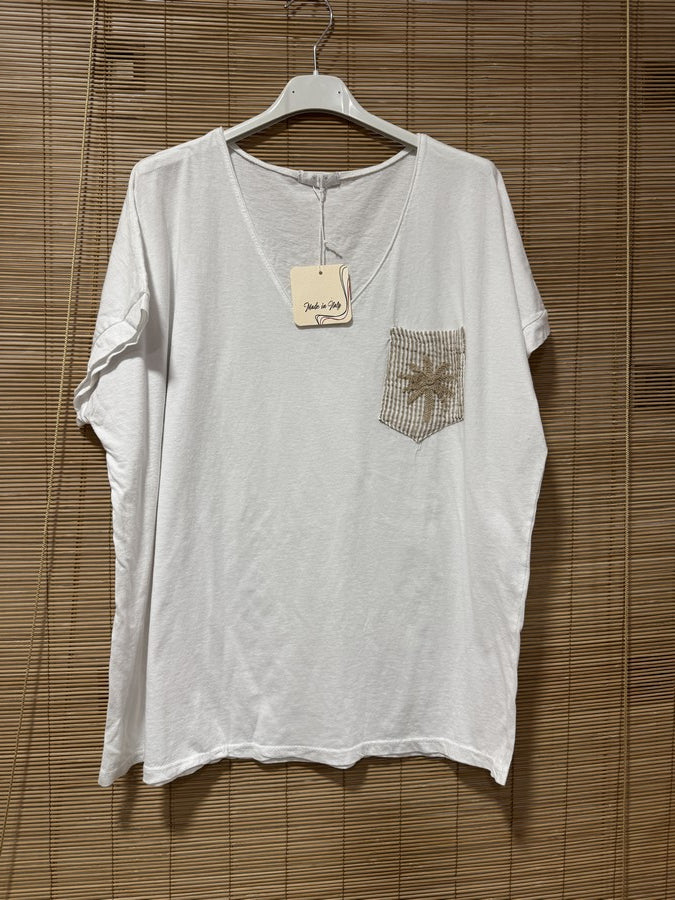 T-shirt blanc poche Palmier beige