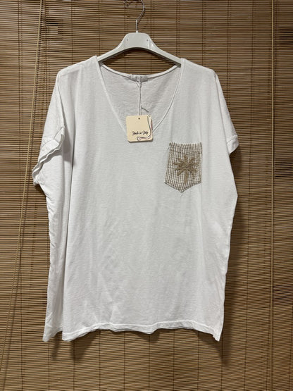 T-shirt blanc poche Palmier beige