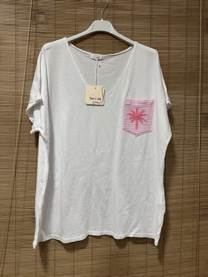 T-shirt blanc poche Palmier rose