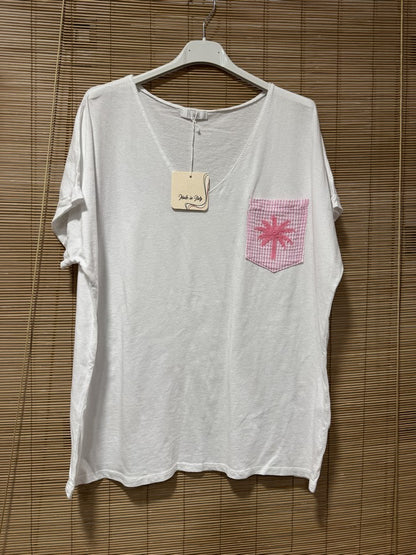 T-shirt blanc poche Palmier rose