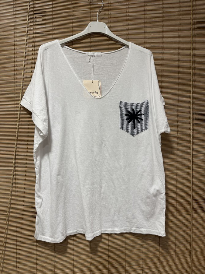T-shirt blanc poche Palmier bleu marine