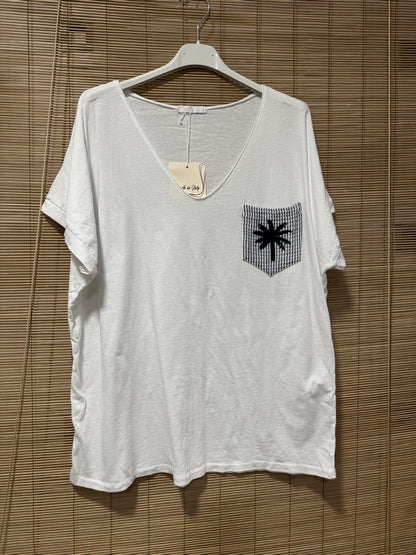 T-shirt blanc poche Palmier bleu marine