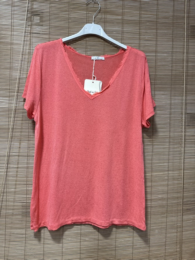 T-shirt fluide lin/coton corail