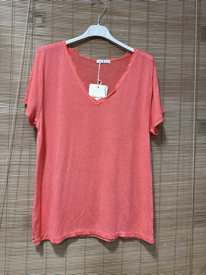 T-shirt fluide lin/coton corail
