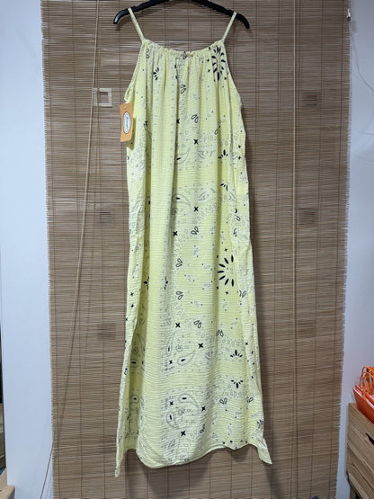 Robe longue à bretelles gaze de coton bandana jaune pâle