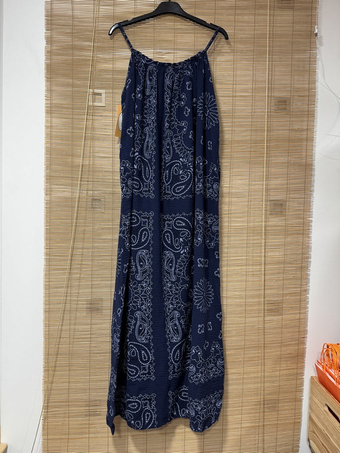 Robe longue à bretelles gaze de coton bandana bleu marine