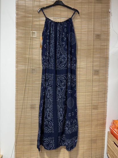 Robe longue à bretelles gaze de coton bandana bleu marine